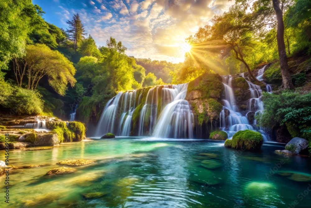 The falls' crystal-clear waters, surrounded by a lush green environment, warm afternoon sunlight, a realistic photo image. The falls' crystal-clear waters, surrounded by a lush green environment, warm afternoon sunlight, a realistic photo image.