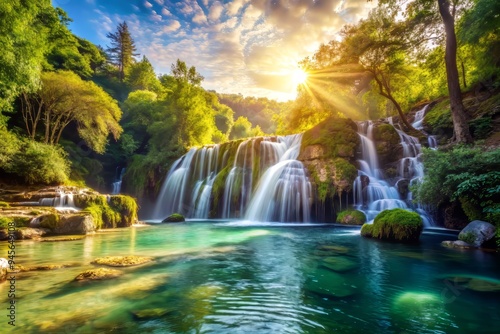The falls' crystal-clear waters, surrounded by a lush green environment, warm afternoon sunlight, a realistic photo image.