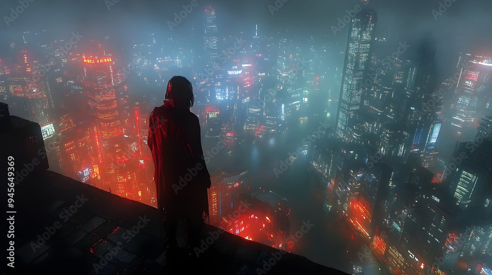 Futuristic Cityscape with Enigmatic Observer.
