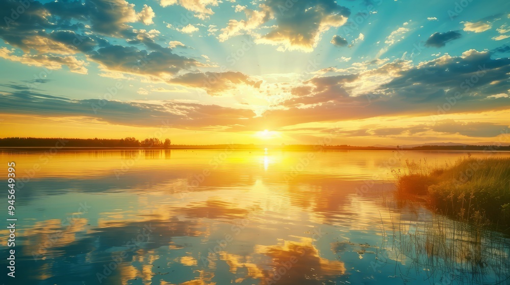 sunset at coast of the lake. Nature landscape. Nature in northern Europe. reflection, blue sky and yellow sunlight. landscape during sunset. sunset at coast of the lake. Nature landscape. Nature in northern Europe. reflection, blue sky and yellow sunlight. landscape during sunset.
