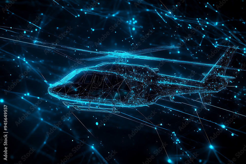 An abstract digital background banner featuring a helicopter connected with data elements in blue and black colors An abstract digital background banner featuring a helicopter connected with data elements in blue and black colors