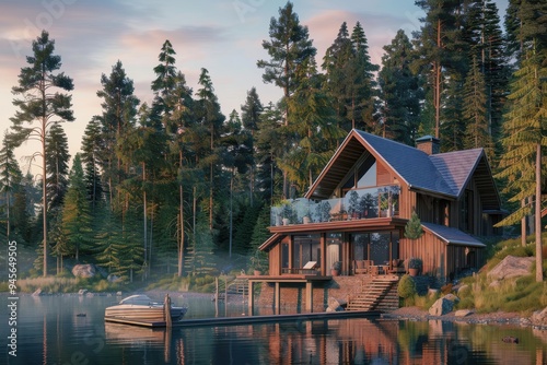 3d render of a forest house on the lake with jetty at dawn 3d render of a forest house on the lake with jetty. Digitally generated image of a luxurious-style forest bungalow on the edge of a lake duri