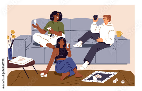 Happy friends play boardgames, card games, fool at home party. People have fun indoor. Group of men and women drinks alcohol, communicates, spends leisure time together. Flat vector illustration