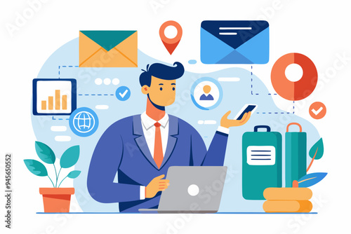 Contact us via email, phone or office location, communicate with customer or client, business information or channel for business contact concept, businessman with telephone, email and location pin.
