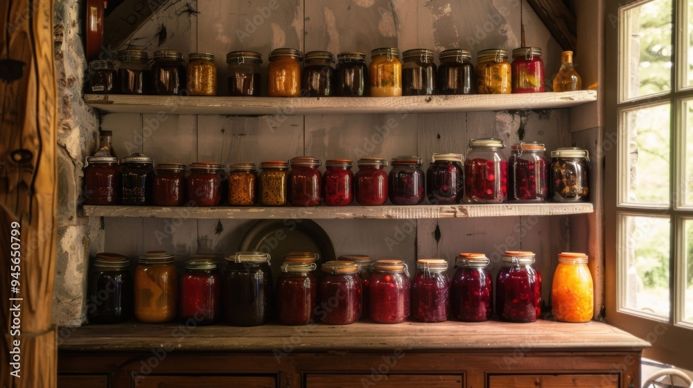 Shelves filled with all kinds of jams Shelves filled with all kinds of jams