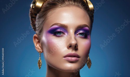 A woman with purple eyeshadow and gold earrings looks directly at the camera