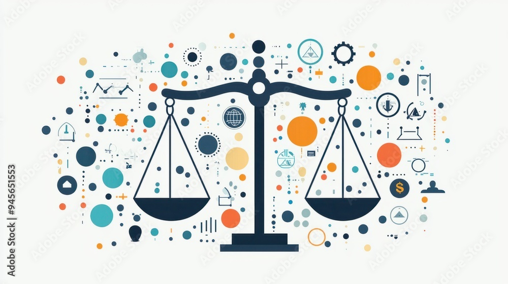 Unity in Diversity - Justice Scales with Interconnected Circles Flat Design Illustration