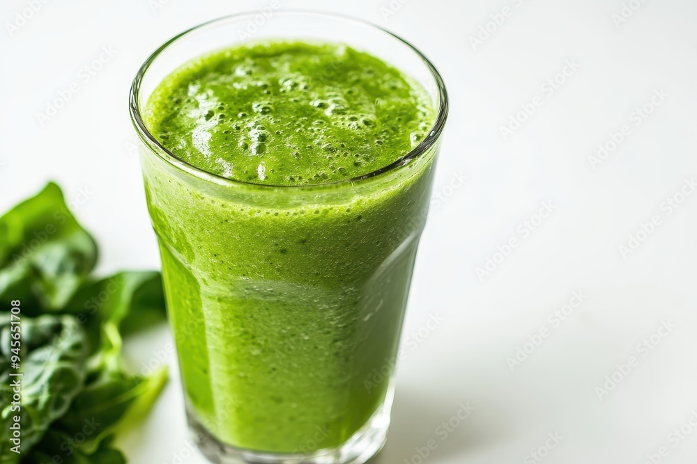 A glass of green smoothie made with spinach and other ingredients, served fresh. A glass of green smoothie made with spinach and other ingredients, served fresh.