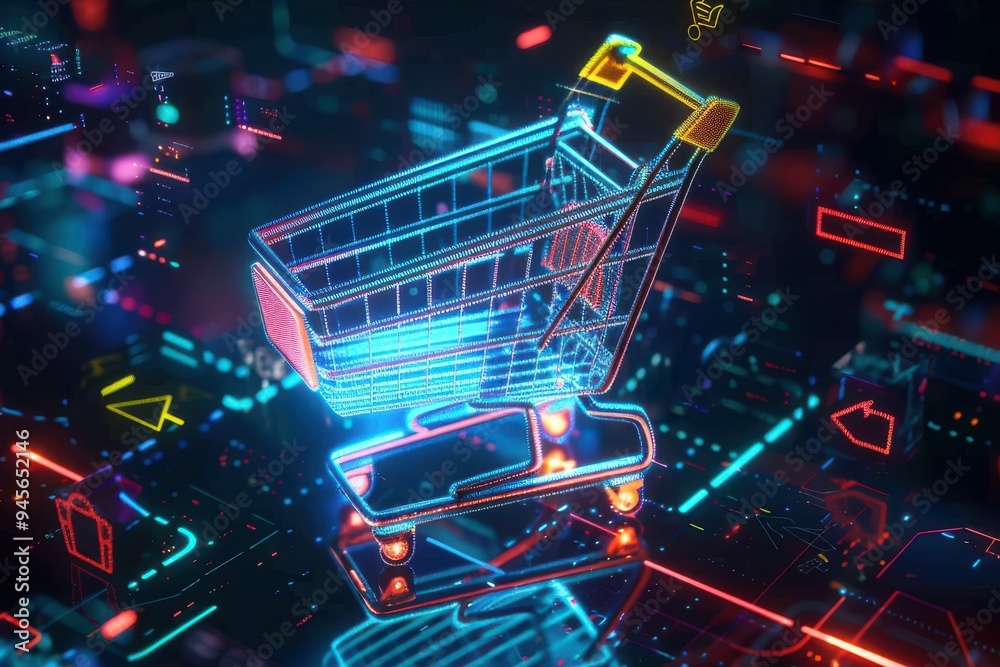 Digital cart icon on future tech background. Online shopping evolution. Futuristic shopping cart icon and abstract chart in world of technological progress and innovation. CGI 3D render Digital cart i Digital cart icon on future tech background. Online shopping evolution. Futuristic shopping cart icon and abstract chart in world of technological progress and innovation. CGI 3D render Digital cart i