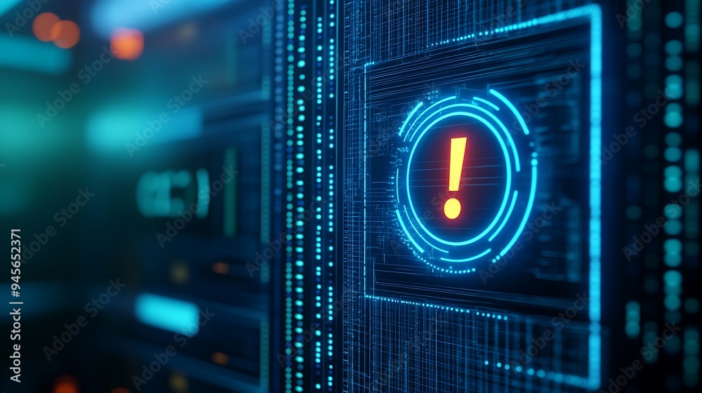 Close-up of a digital warning symbol on a futuristic screen, indicating a system alert or cybersecurity issue. Close-up of a digital warning symbol on a futuristic screen, indicating a system alert or cybersecurity issue.