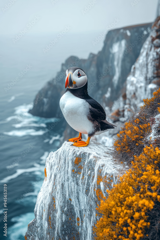 Fototapeta premium Puffin standing on a rocky ledge with the ocean in the background,