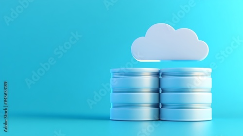 Cloud computing concept with server stacks and a cloud icon on a blue background. Ideal for technology and data storage themes.