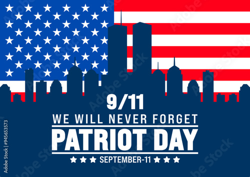 11 September Patriot Day background or banner design template with American flag and New York City. 911 Remembrance. holiday concept. 911 Patriot Day we will never forget text banner.