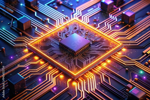 Detailed view of a computer microchip surrounded by luminous circuits, showcasing intricate design and advanced technology. photo