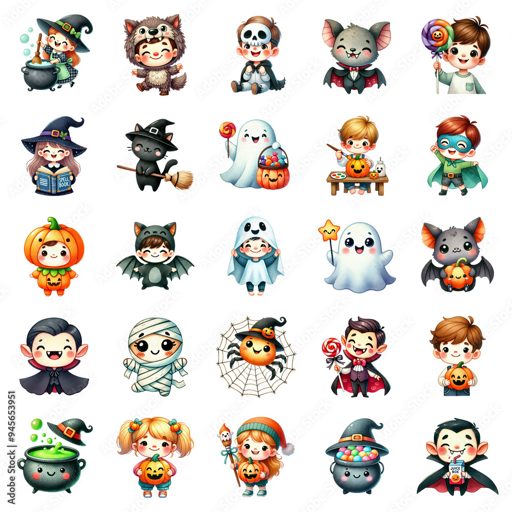 Obraz premium Collection of adorable Halloween characters dressed in a variety of costumes, including witches, ghosts, vampires, and pumpkins.