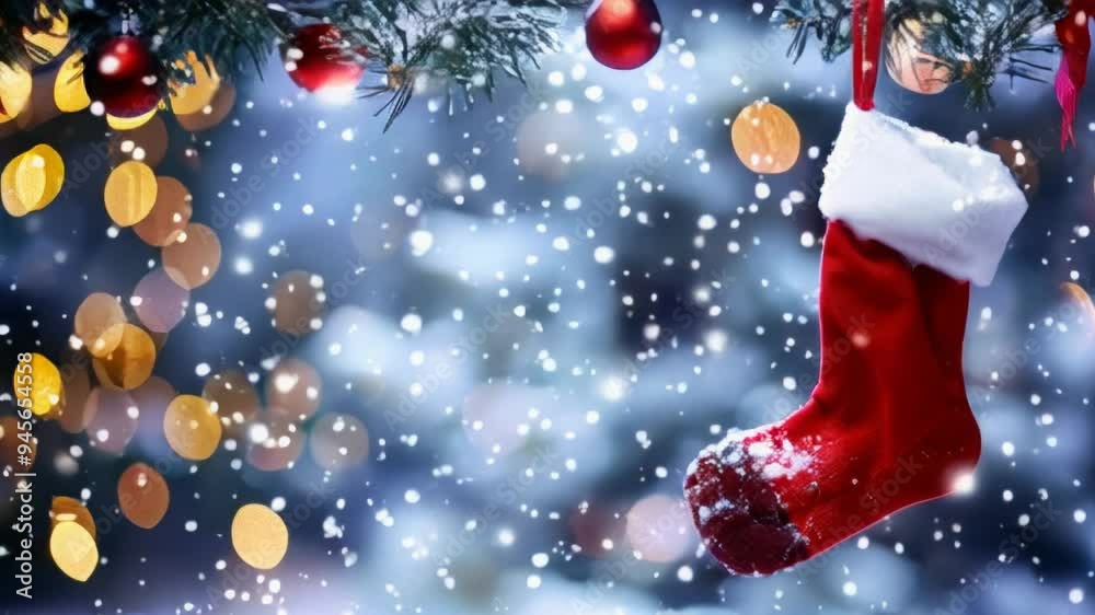 A vibrant red Christmas stocking adorned with decorations against a snowy backdrop with bokeh lights. A vibrant red Christmas stocking adorned with decorations against a snowy backdrop with bokeh lights.