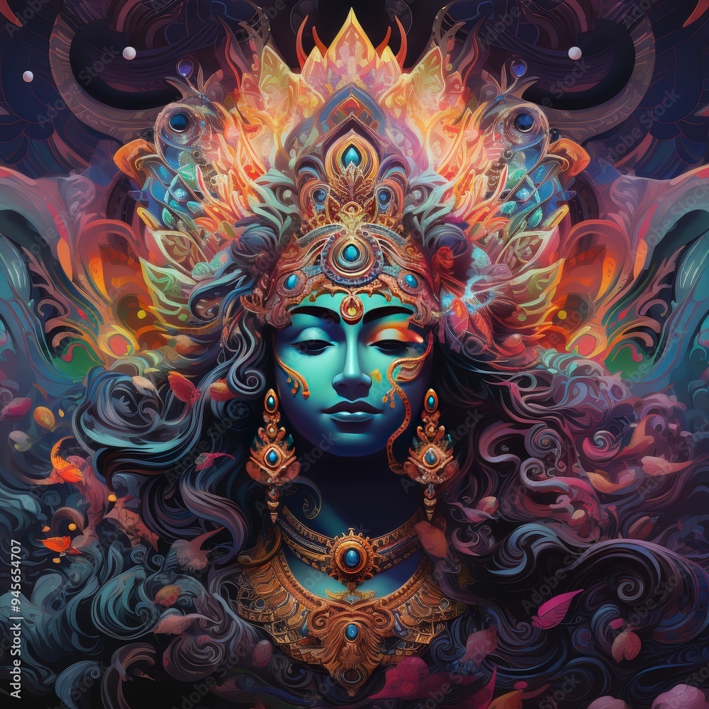 A vibrant depiction of a goddess with intricate ornaments and flowing hair, radiating energy. A vibrant depiction of a goddess with intricate ornaments and flowing hair, radiating energy.
