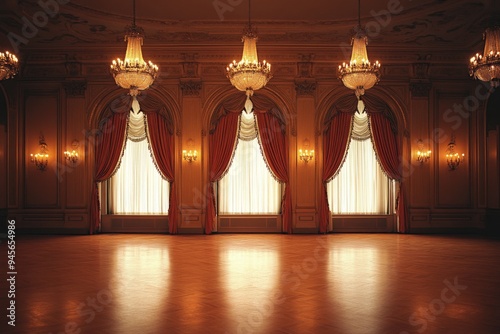 A grand and elegant ballroom featuring opulent chandeliers and large windows framed by rich red curtains, evoking a sense of luxury and timeless sophistication.