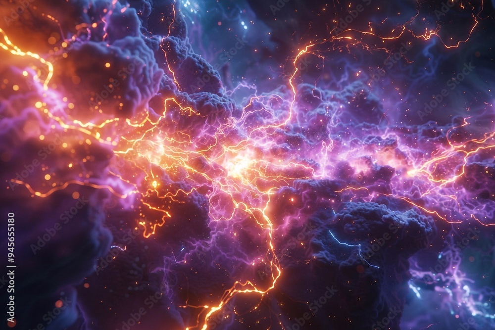 Fototapeta premium An explosive representation of energy bursts radiating outward in a vivid display of light and color. Each burst is characterized by dynamic shapes and radiant beams, creating a sense of movement and