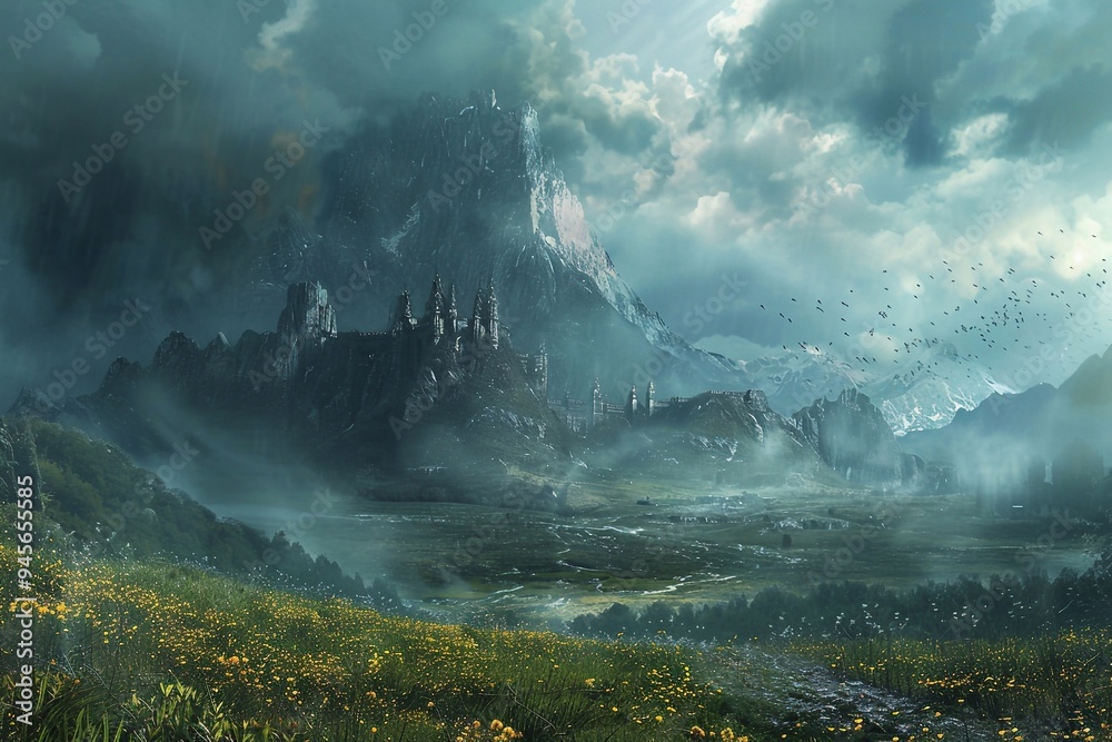 Fototapeta premium Dreamlike Realms: Create a captivating fantasy landscape that seamlessly blends real and imagined elements. Picture lush, rolling hills adorned with vibrant, oversized flowers next to majestic mountai