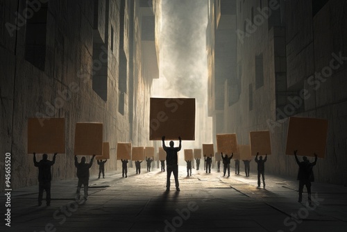A crowd of people carrying large boxes in a stark, dystopian setting, highlighting themes of burden, conformity, and the struggle within a harsh, oppressive environment.