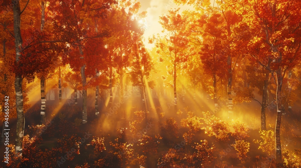 Backlit landscape in the red forest in autumn Backlit landscape in the red forest in autumn