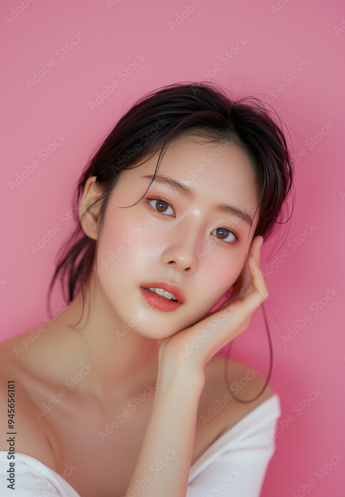 Graceful Korean Model with Smooth Skin and Subtle Makeup on a Pink Background Graceful Korean Model with Smooth Skin and Subtle Makeup on a Pink Background