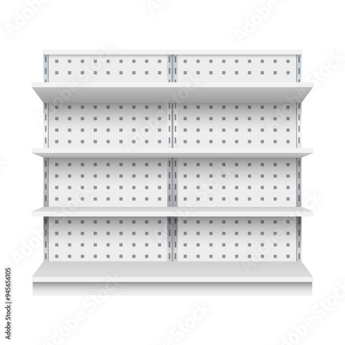 Realistic supermarket stand, bookcase, shop product exhibition set.Showcase display or equipment for warehouse.