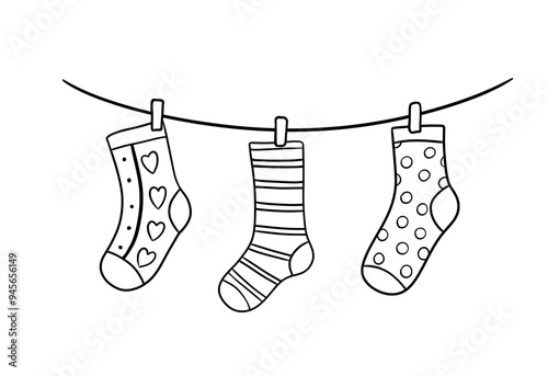 Clothesline with funny socks, outline doodle illustration isolated on white
