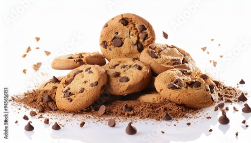 Chocolate Chip Cookies in Motion: Pile of Crumbs with Clipping Path on White"