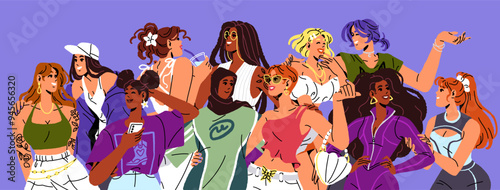 Diverse women's group. Happy fashion girls have fun, talk, hug together. International friends love each other. Sisterhood power. World empowerment, equality, feminism. Flat vector illustration