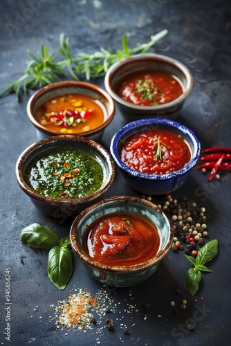 Colorful bowls of various sauces and chutneys arranged on a dark surface, showcasing vibrant culinary delights for dipping photo