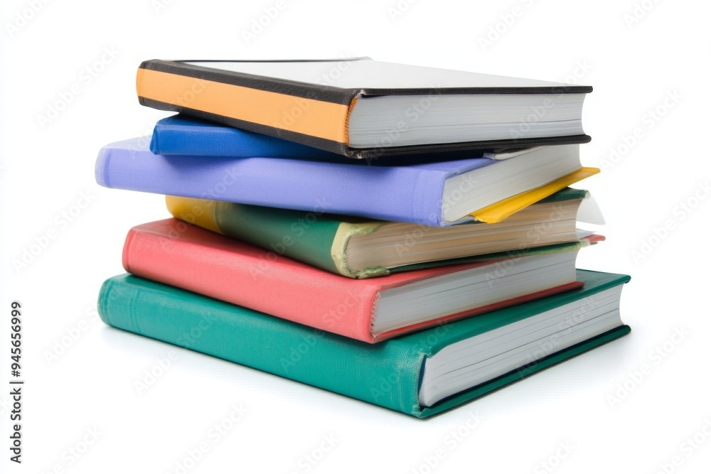 A neatly stacked pile of books in various colors on a white surface, showcasing their covers and spines perfectly, suitable for educational and literary contexts. A neatly stacked pile of books in various colors on a white surface, showcasing their covers and spines perfectly, suitable for educational and literary contexts.