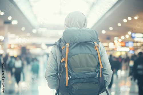 A woman traveler with a large backpack stands in a busy airport terminal hall, preparing for her journey, surrounded by a crowd, emphasizing the excitement of travel.