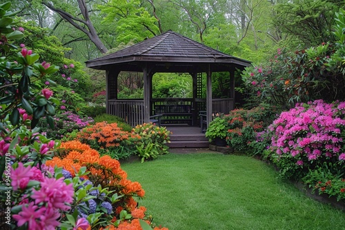  Botanical Garden: A serene garden showcasing a variety of vibrant flowering trees and shrubs in full bloom, creating a colorful and peaceful outdoor retreat.