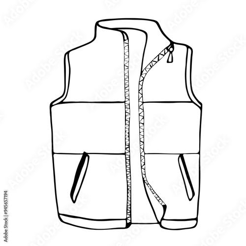 Warm fall jalet blown jalet.  Sleeveless, vest, waistcoat, Doodle style clothing. Vector stock illustration. Isolated on white background. 