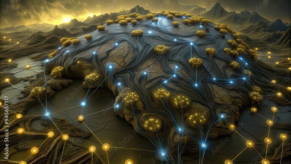 Fototapeta premium Abstract Network of Golden Nods on a Wavy Terrain