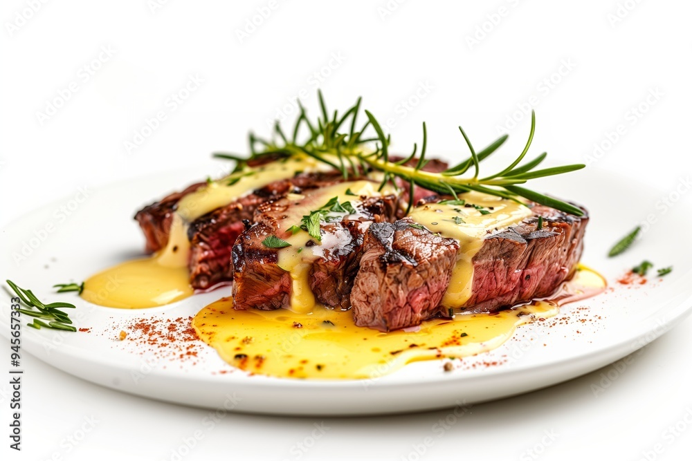 Delicious grilled steak topped with creamy sauce and fresh herbs served elegantly on a white plate Delicious grilled steak topped with creamy sauce and fresh herbs served elegantly on a white plate
