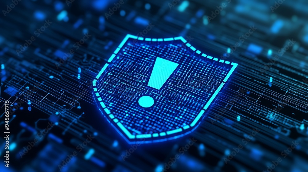 Digital cybersecurity concept with a shield icon and an exclamation mark, representing threat and protection on a blue tech background. Digital cybersecurity concept with a shield icon and an exclamation mark, representing threat and protection on a blue tech background.