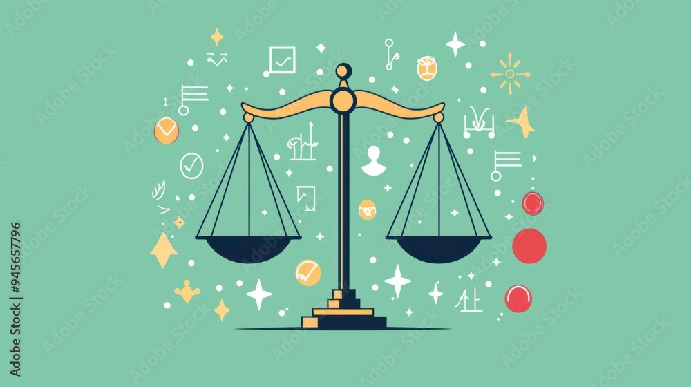Balanced Scales of Justice with Equality Symbols - Flat Design Illustration of Legal Equality Concept Balanced Scales of Justice with Equality Symbols - Flat Design Illustration of Legal Equality Concept