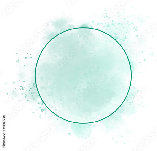 green watercolor abstract on transparent background with bubbles. turquoise splash with pollen for decorating design logo, card. Hand painted abstract.