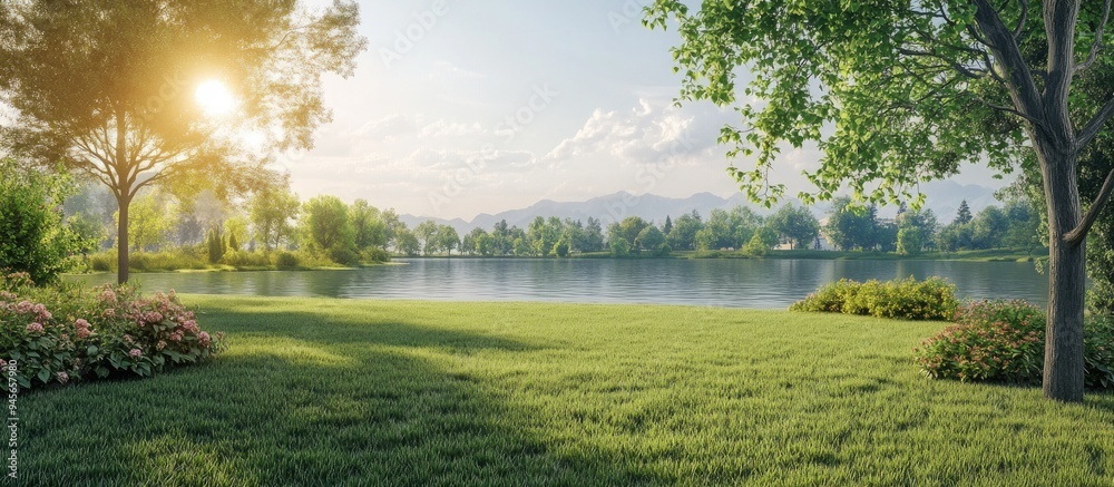 Obraz premium Green grassy meadow landscape with a garden and a lake view 3D illustration rendering of the scene