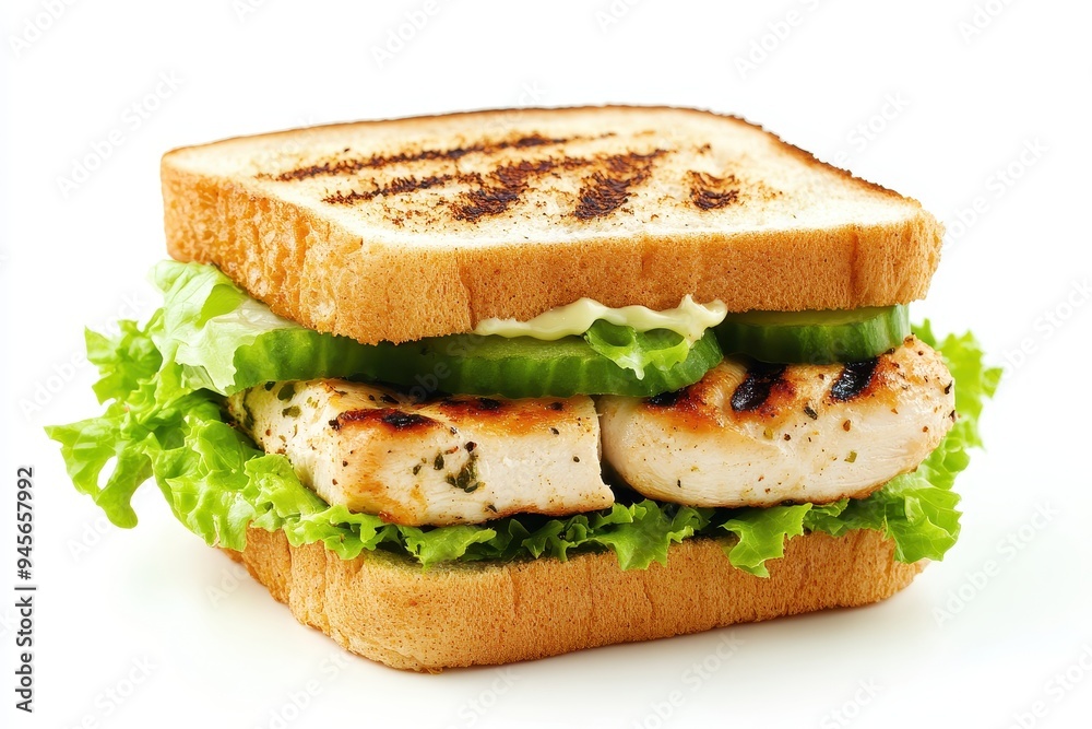 A grilled chicken sandwich with lettuce, cucumber, and mayonnaise on toasted bread. A grilled chicken sandwich with lettuce, cucumber, and mayonnaise on toasted bread.