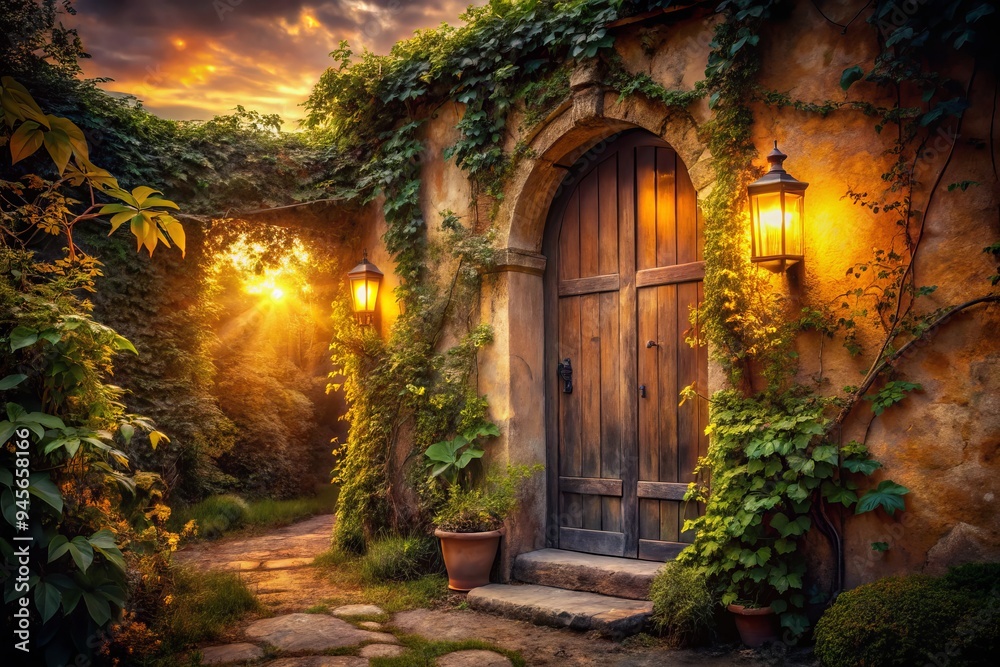 Fototapeta premium Whimsical twilight dreamscapes of rustic doorways with vines, warm golden light, soft focus, mystical ambiance, earthy tones, and forgotten memories, evoking nostalgia and melancholy.