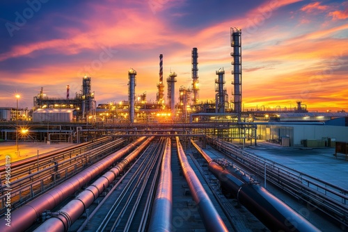 A visually captivating image of an oil refinery with long pipelines extending towards the foreground, captured during a beautiful sunset showcasing industrial architecture.