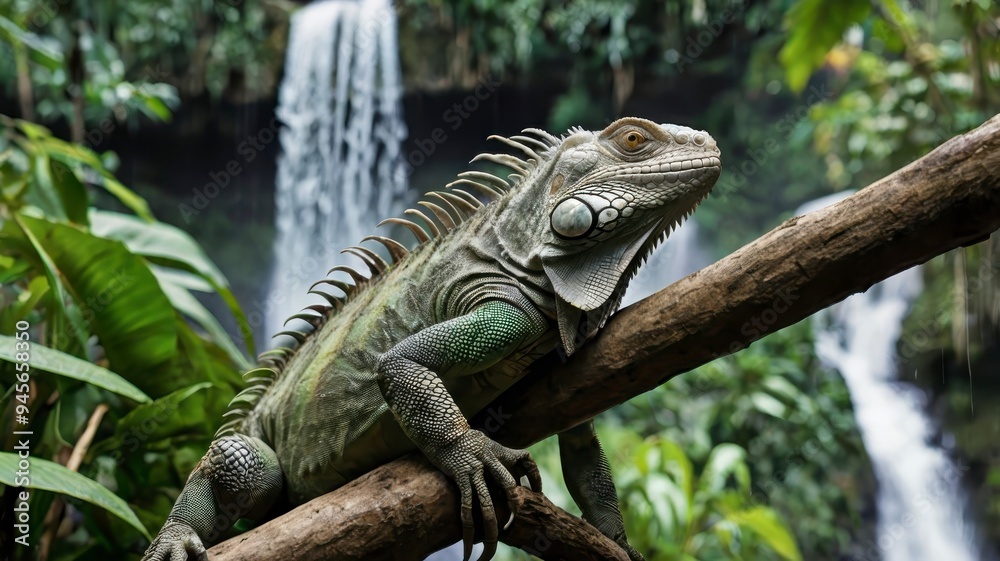  Iguana on branch in jungle with waterfall