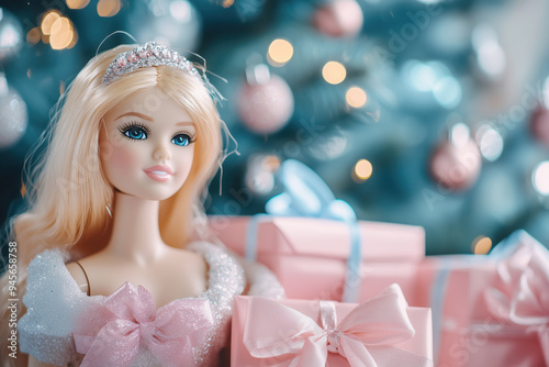 Beautifull blond  princess  doll  with crown, clear pink gift boxes, bow ribbons, christmas tree on background with copy space on tne right.  photo