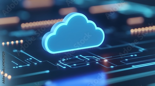 Digital rendering of a glowing blue cloud icon on a circuit board, symbolizing cloud computing and technology innovation in data storage.