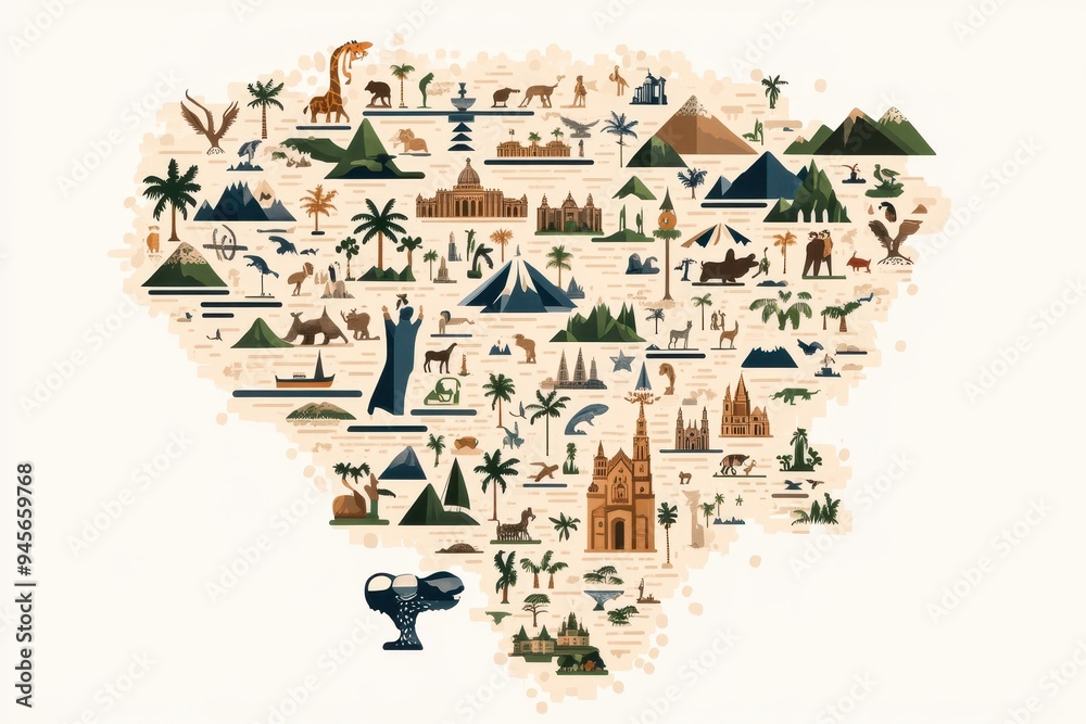 Fototapeta premium Hispanic Heritage Month Map: A map highlighting Hispanic countries with cultural symbols and landmarks, used as an educational tool