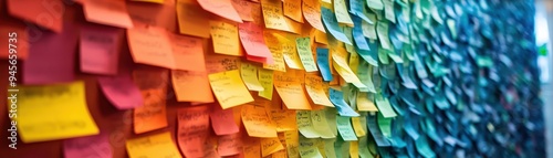 Colorful Wall of Sticky Notes in Office Setting Representing Creativity and Brainstorming Ideas